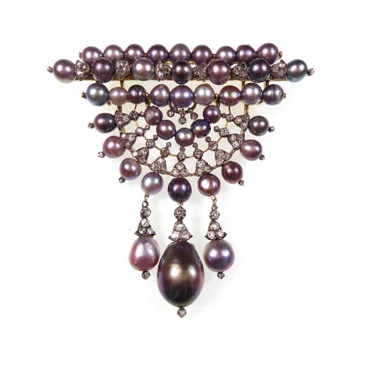Coloured pearl and diamond fan shaped 'devant de corsage' brooch
